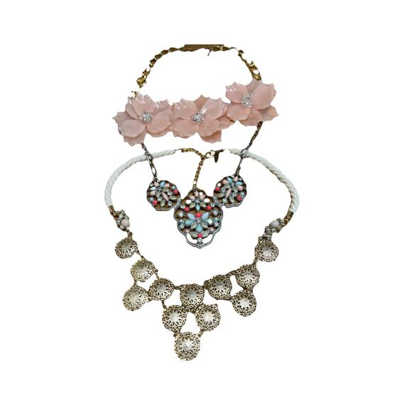 Lot Of Three Necklaces, Flowers, Stone, Chunky, Costume Jewelry Colorful - Picture 1 of 10